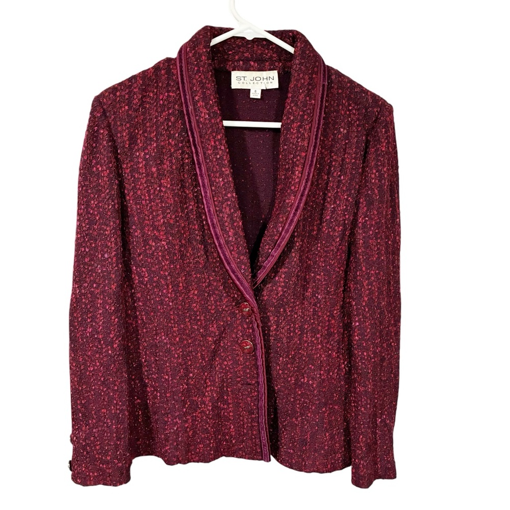 St John‎ Red Knit Trim Button Blazer Jacket Red-Multi Size 6
